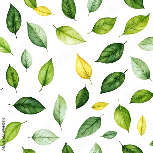 Vibrant Seamless Pattern of Assorted Lush Green and Yellow Leaves on White Background