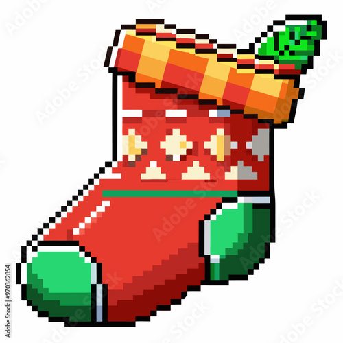 Pixel Art Christmas Stocking with Gift Box and Greenery   Retro Holiday Festive Illustration