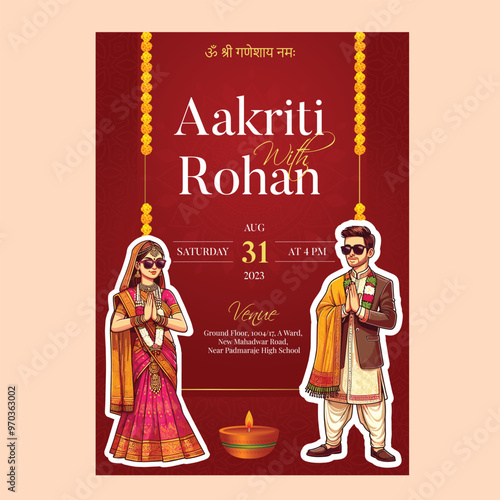 Traditional Royal Wedding Invitation card design with Bride and Groom Welcoming illustration	