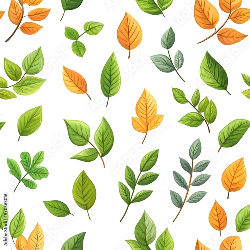 Seamless Pattern of Fresh and Natural Leaves in Various Colors on White Background