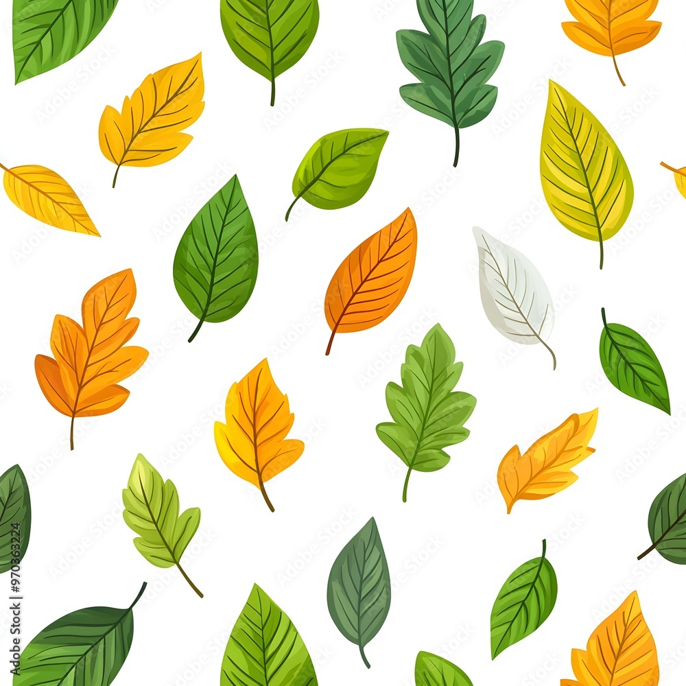 Harmonious Foliage Seamless Pattern of Varied Fresh Leaves in Vibrant Autumnal Hues on White Background Harmonious Foliage Seamless Pattern of Varied Fresh Leaves in Vibrant Autumnal Hues on White Background