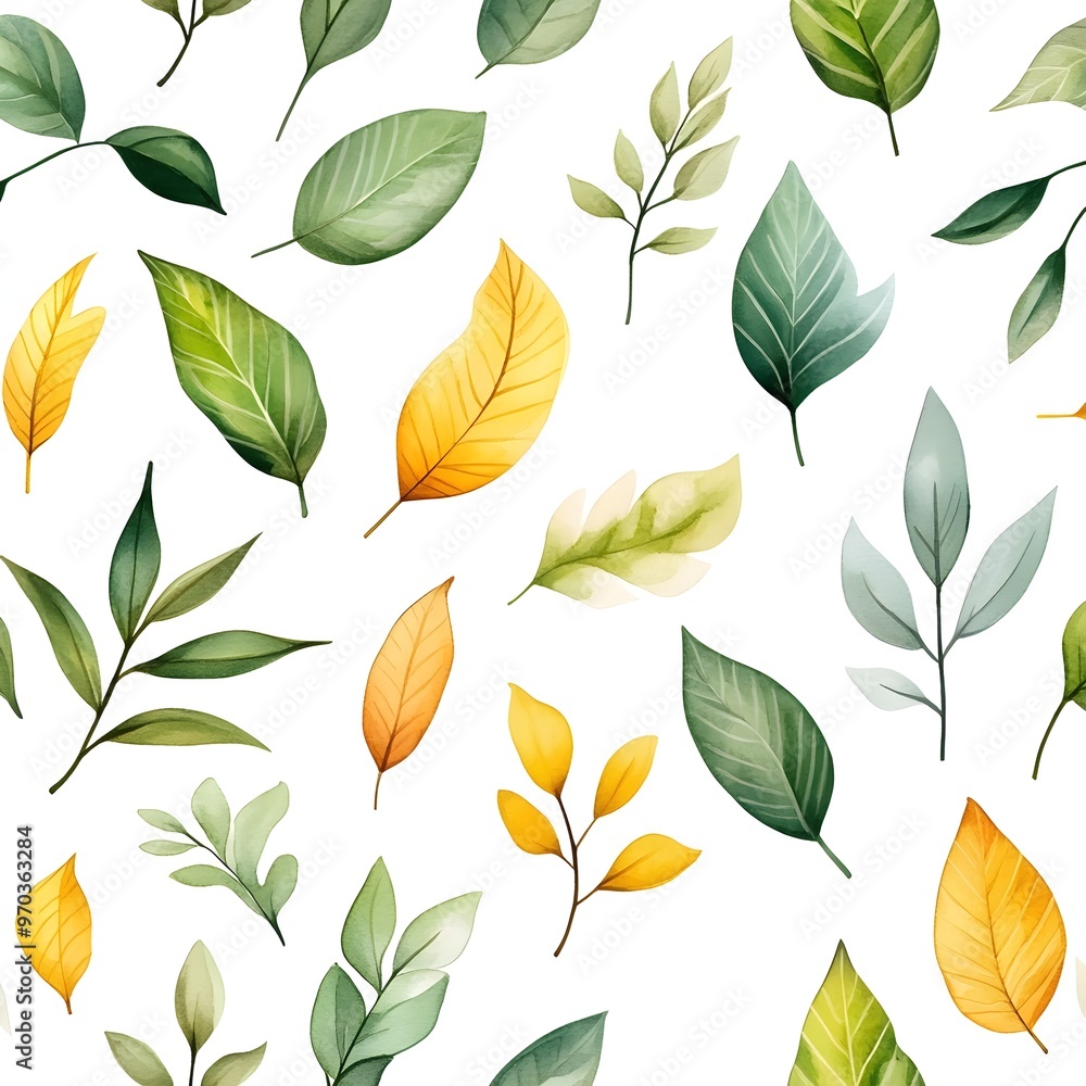 Obraz premium Seamless Pattern with Fresh and Vibrant Assorted Leaves on White Background