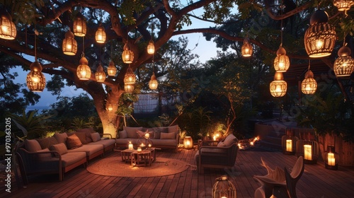 Outdoor patio with antler or twig hanging lamps creates a unique and organic atmosphere