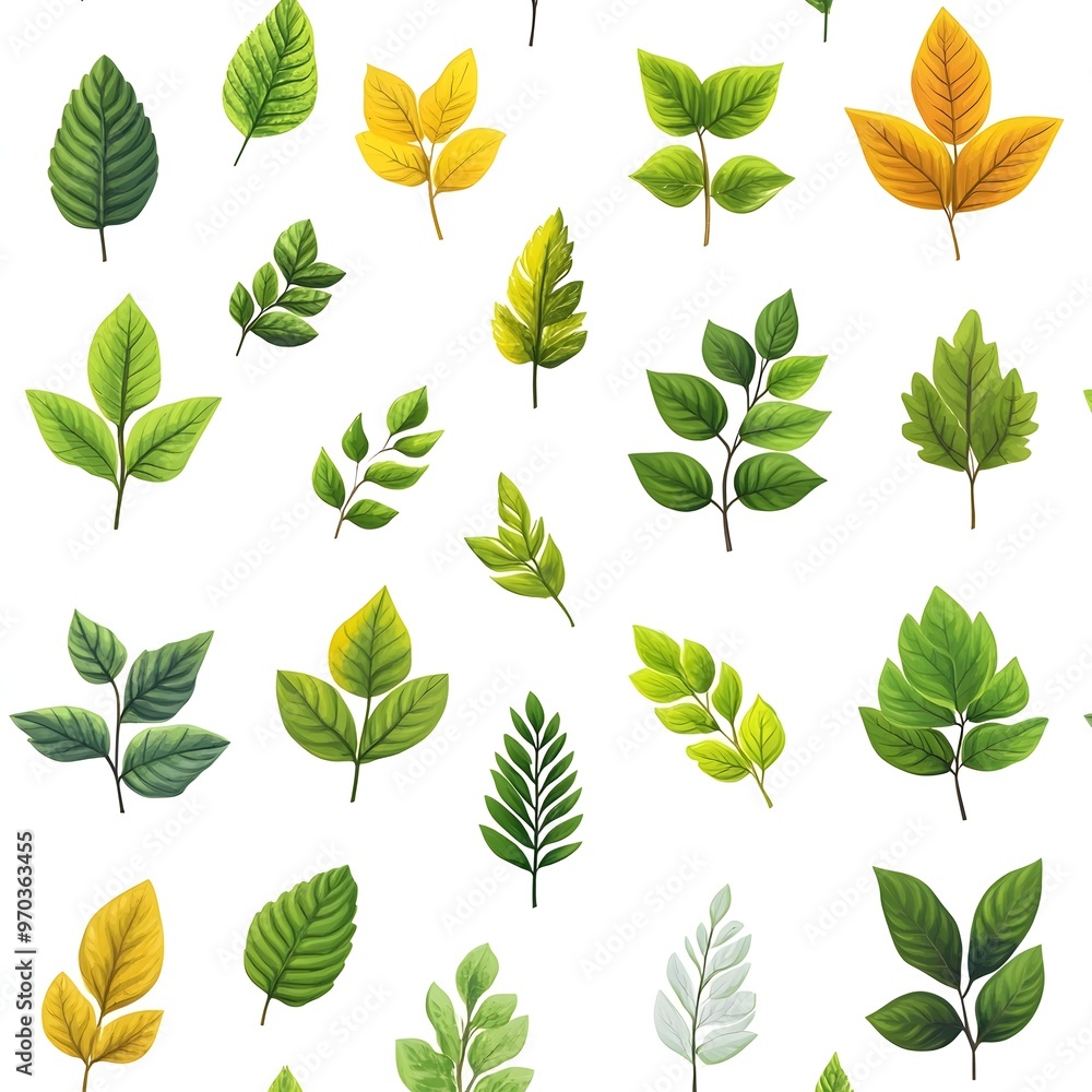 Obraz premium Seamless Natural Pattern with Fresh and Vibrant Leaves on White Background