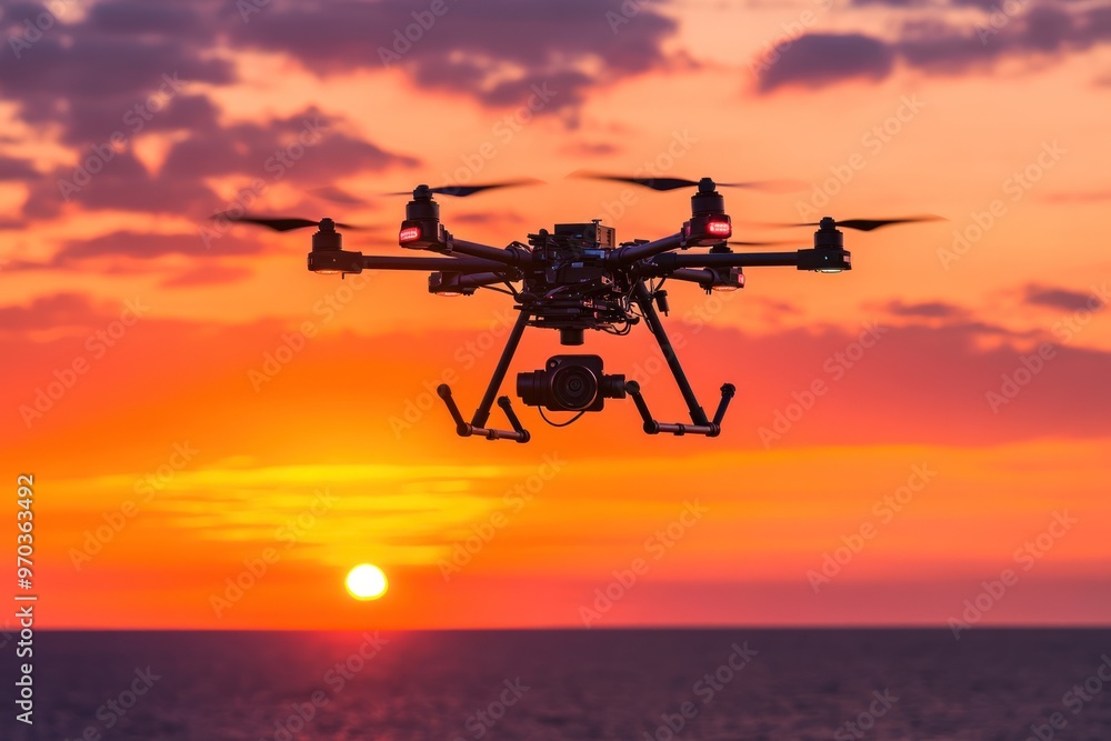 Drone Silhouetted Against a Vibrant Sunset Drone Silhouetted Against a Vibrant Sunset