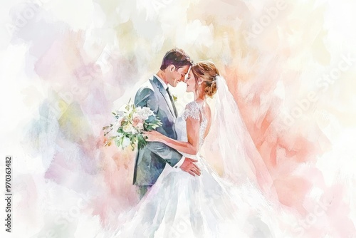 A romantic watercolor illustration of a bride and groom sharing a tender moment on their wedding day.