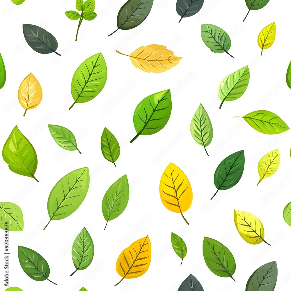 Obraz premium Seamless pattern of fresh and natural leaves in various shades of green on a clean white background