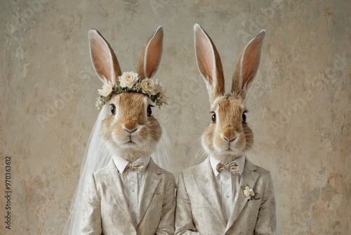 Digital illustration two rabbits dressed up as wedding Whimsical photo