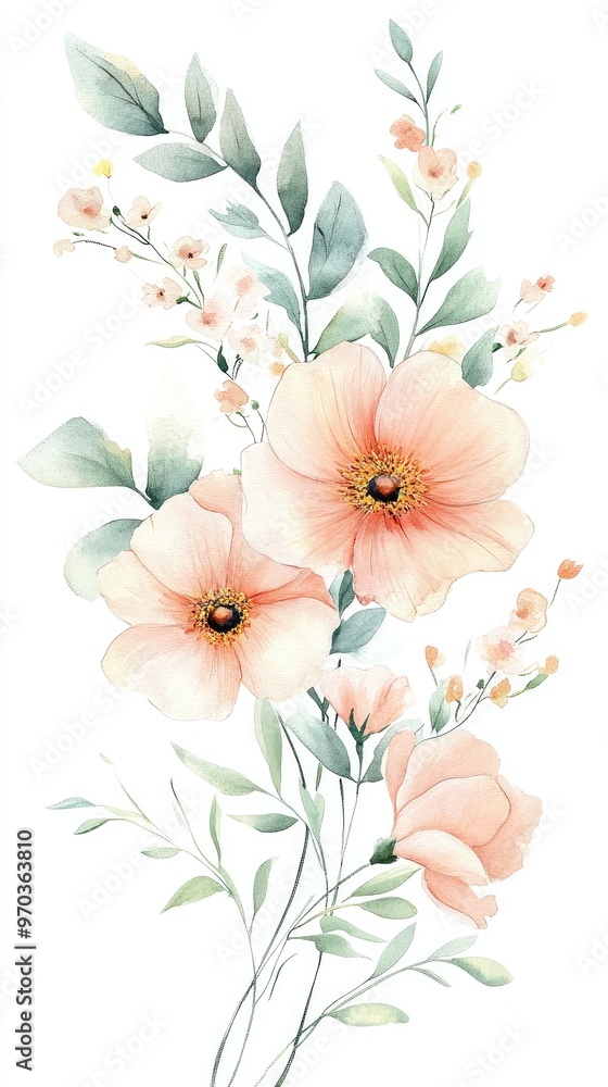 A delicate watercolor illustration of soft pink flowers and lush green leaves, perfect for spring-themed design projects. A delicate watercolor illustration of soft pink flowers and lush green leaves, perfect for spring-themed design projects.