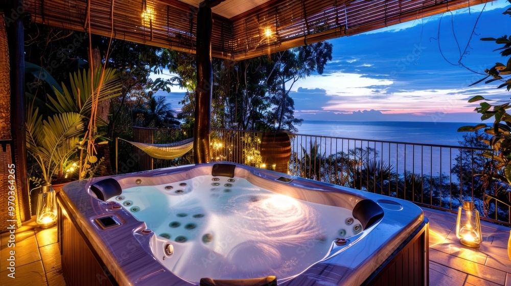 Fototapeta premium Luxury resort jacuzzi with beautiful views AI generated image