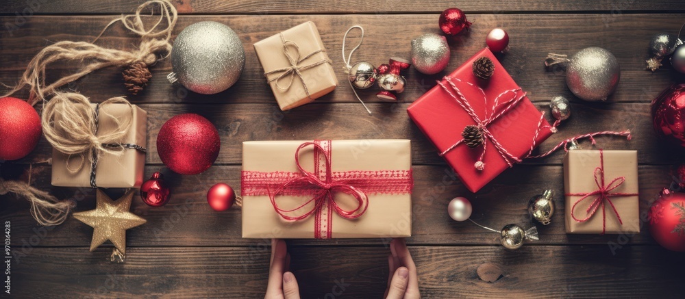 Christmas Gift Preparation on a Wooden Table Christmas Gift Preparation on a Wooden Table