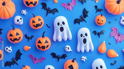 Fun 3D Halloween pattern in cartoon style, showcasing a variety of seasonal motifs.