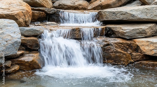 Waterfall cascading over smooth granite boulders, with water creating intricate patterns, waterfall cascade, artistic nature aesthetic