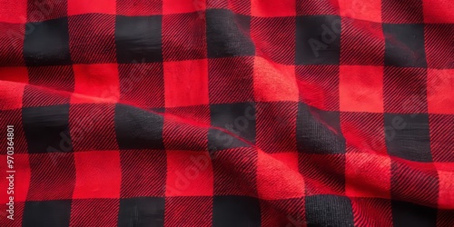 Softly rustling red and black plaid flannel shirt fabric features a timeless blend of subtle texture and classic