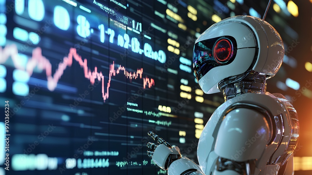 Close-up of a robot interacting with market trend lines on a large digital display Close-up of a robot interacting with market trend lines on a large digital display