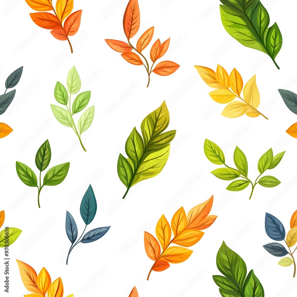 Seamless Pattern with Assorted Natural and Fresh Leaves on a White Background Seamless Pattern with Assorted Natural and Fresh Leaves on a White Background