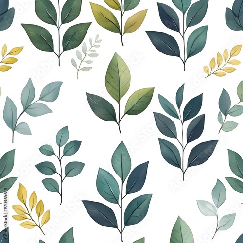 Elegant Seamless Pattern of Various Fresh Green Leaves on Pristine White Background