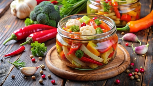 Spicy pickled vegetable medley adds a tangy kick to any meal, featuring a colorful mix of crunchy vegetables photo