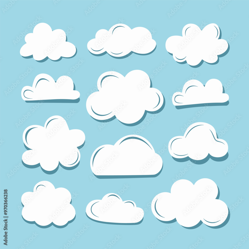 White Cloud Vector Collection on Light Blue Background White Cloud Vector Collection on Light Blue Background