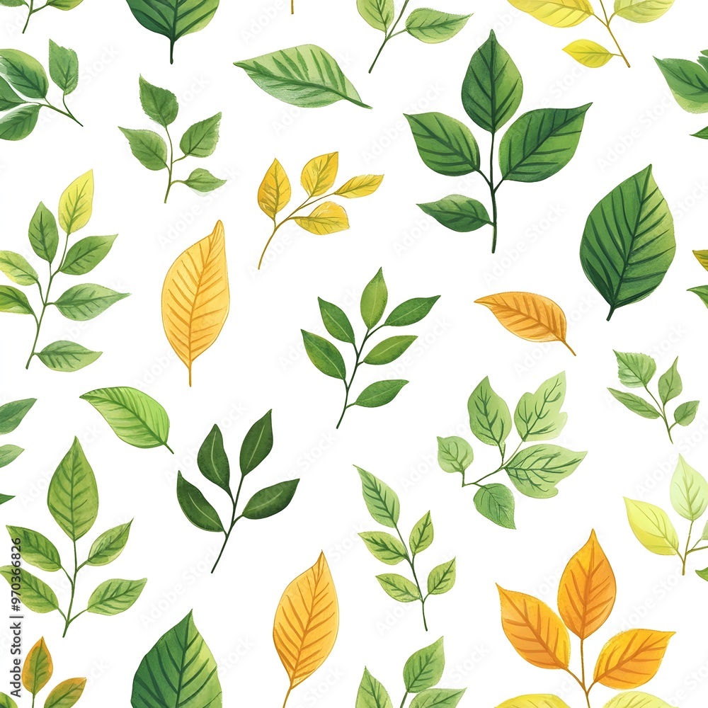 Seamless Natural Foliage Pattern with Vibrant Green and Yellow Leaves on White Background Seamless Natural Foliage Pattern with Vibrant Green and Yellow Leaves on White Background