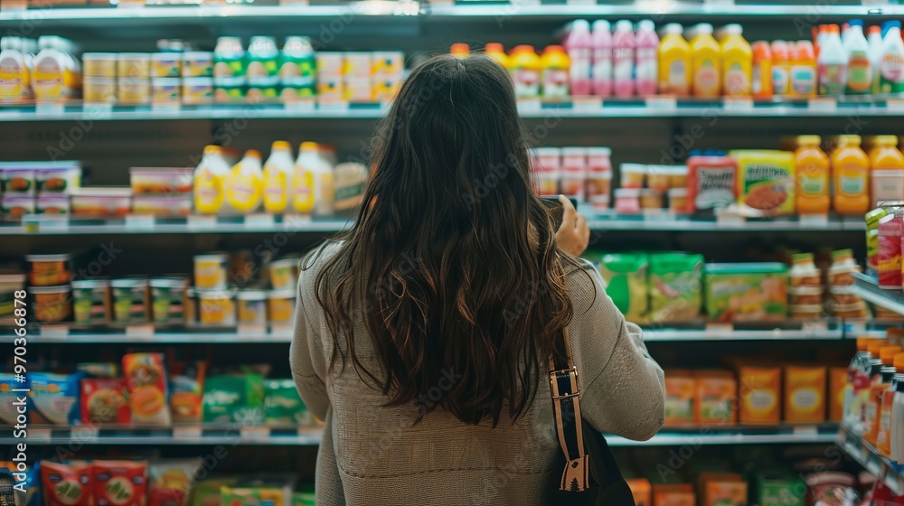 Woman comparing product options in a grocery store aisle, making informed shopping decisions for household groceries and essentials, perfect for retail marketing, e-commerce promotions, and supermarke Woman comparing product options in a grocery store aisle, making informed shopping decisions for household groceries and essentials, perfect for retail marketing, e-commerce promotions, and supermarke
