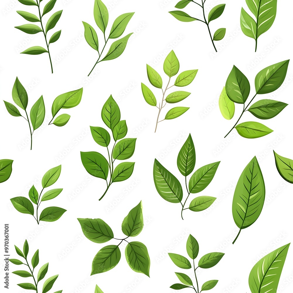 Seamless Pattern with Various Fresh and Natural Green Leaves on Clean White Background Seamless Pattern with Various Fresh and Natural Green Leaves on Clean White Background