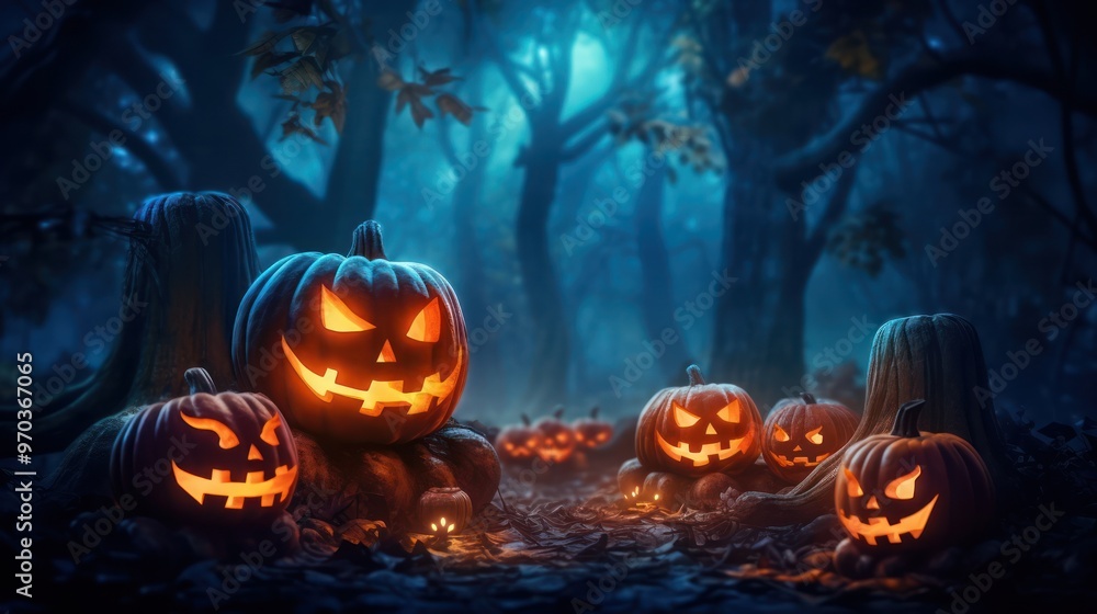 Jack-O'-Lanterns in a Spooky Forest