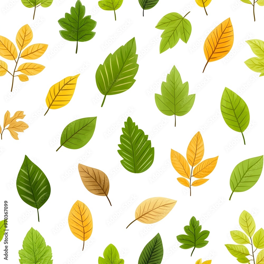 Seamless Pattern of Vibrant Natural Leaves with Lush Foliage on Plain White Background Seamless Pattern of Vibrant Natural Leaves with Lush Foliage on Plain White Background