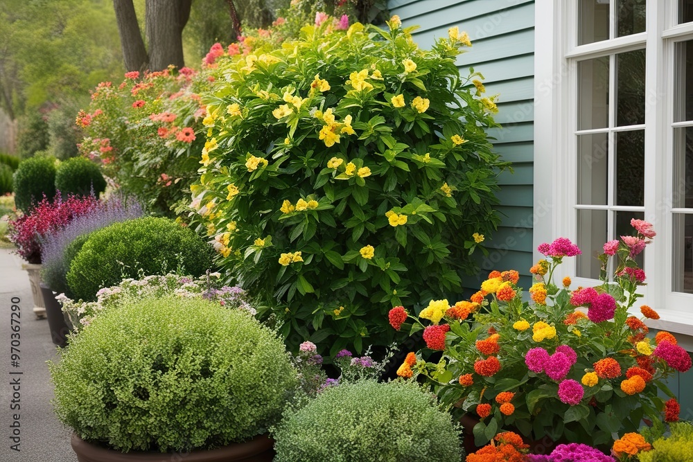 Obraz premium Colorful Flowering Shrubs and Vibrant Greenery for a Joyful Garden Corner