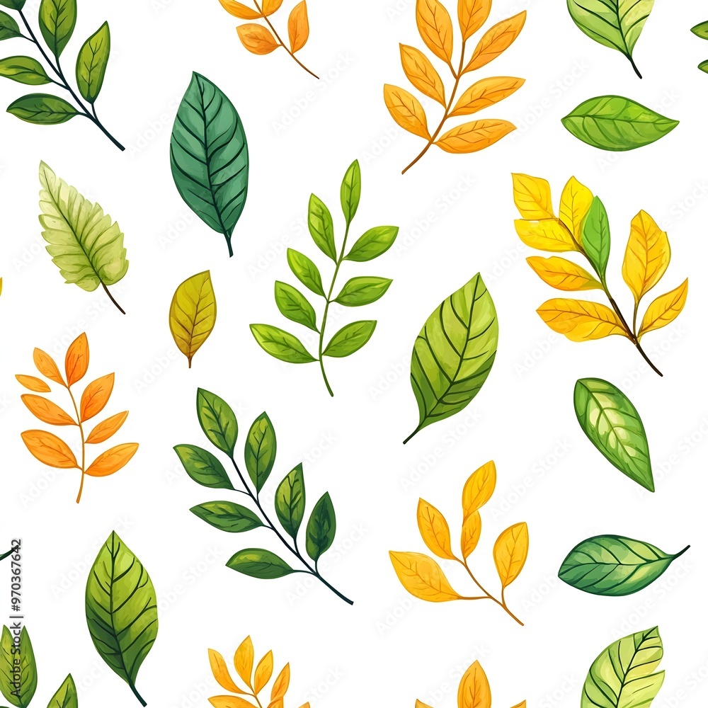 Obraz premium Seamless natural pattern with various fresh and vibrant leaves on a clean white background