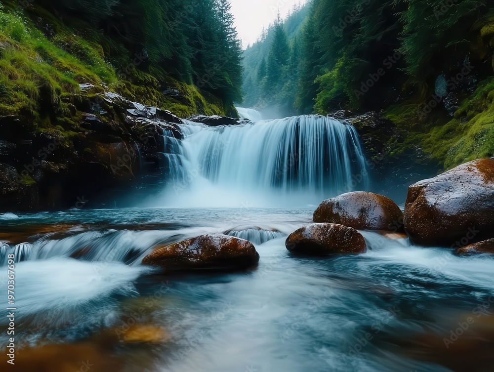 Obraz premium Waterfall cascading through a mystical glen, with soft light illuminating the mist, waterfall cascade, ethereal forest aesthetic