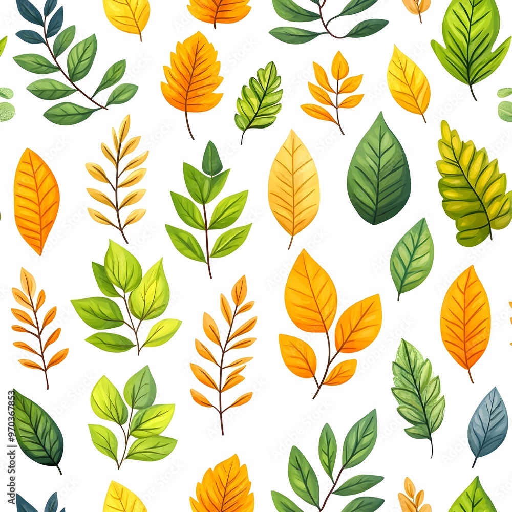 Fototapeta premium Diverse and Lush Leaves in a Vibrant Seamless Pattern on a White Background
