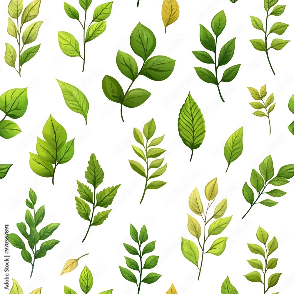Seamless Natural Pattern with Various Fresh Green Leaves on White Background Seamless Natural Pattern with Various Fresh Green Leaves on White Background