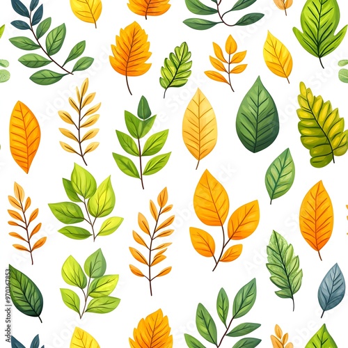 Diverse and Lush Leaves in a Vibrant Seamless Pattern on a White Background