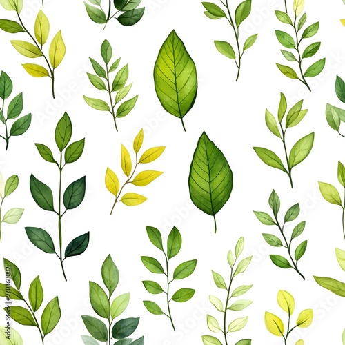 Seamless Pattern of Natural and Fresh Various Leaves on White Background