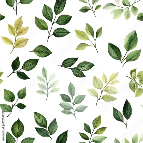 Seamless Natural Pattern with Diverse Green Leaves on White Background