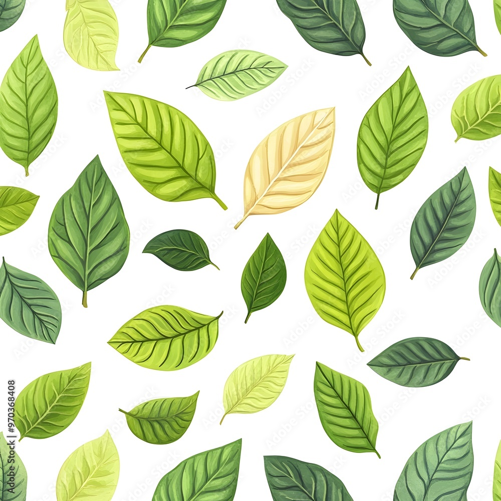 Seamless pattern with vibrant and diverse natural leaves on clean white backdrop Seamless pattern with vibrant and diverse natural leaves on clean white backdrop