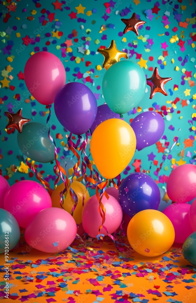 A vibrant birthday scene with confetti, multicolored balloons, and a backdrop with stars and ribbons for a fun-filled celebration A vibrant birthday scene with confetti, multicolored balloons, and a backdrop with stars and ribbons for a fun-filled celebration