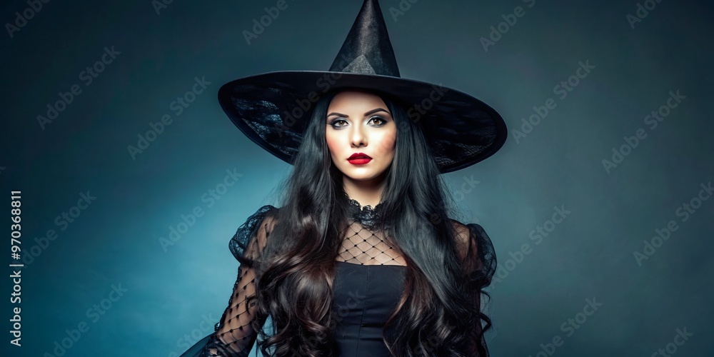 The enchanting young woman sports long black locks, a flowing black dress, and a witch's hat, exuding mystery The enchanting young woman sports long black locks, a flowing black dress, and a witch's hat, exuding mystery