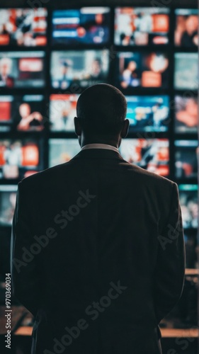 Man standing front large wall multiple television screens A suit