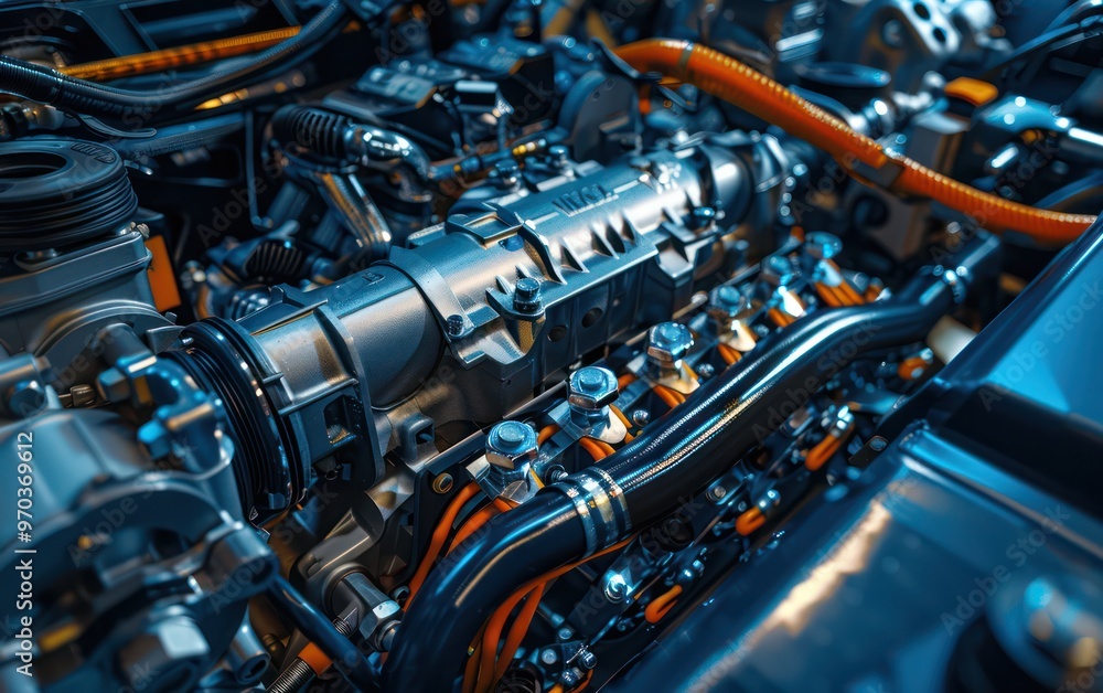 A detailed view of a complex engine assembly showcasing mechanical components and wiring. A detailed view of a complex engine assembly showcasing mechanical components and wiring.
