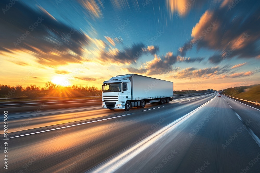 Semi Truck Driving on Highway at Sunset Semi Truck Driving on Highway at Sunset