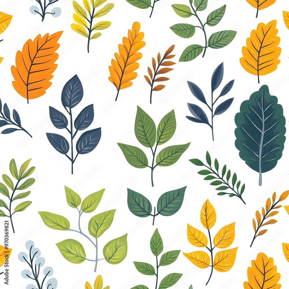 Seamless natural pattern with various fresh and vibrant leaves on clean white background Seamless natural pattern with various fresh and vibrant leaves on clean white background