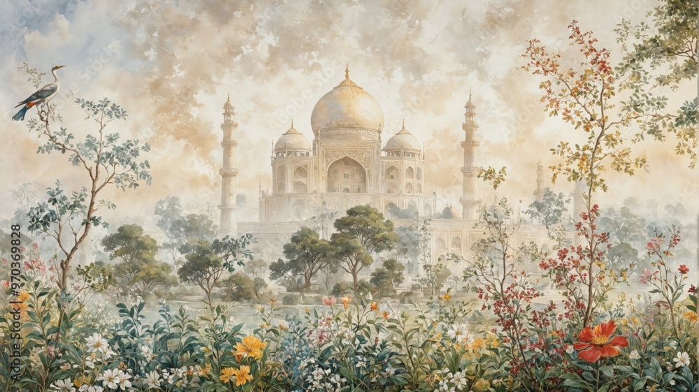 Fototapeta premium Painting Taj Mahal famous monument Agra India done Mughal Garden