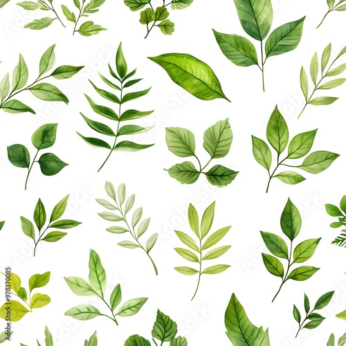 Seamless Natural Foliage Pattern with Various Fresh Green Leaves on White Background