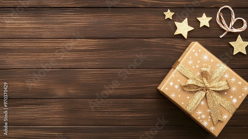 Christmas Gift Box on Rustic Wooden Background with Golden Stars