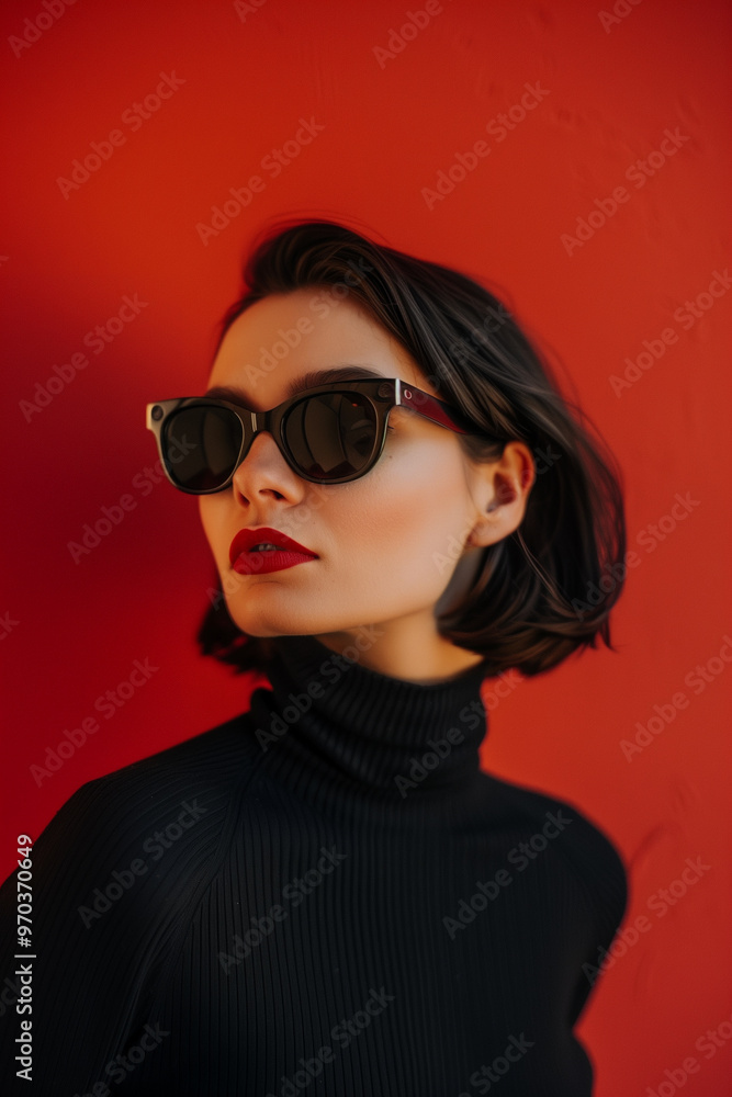 Chic woman in black sunglasses and turtleneck poses elegantly against a bold red background Chic woman in black sunglasses and turtleneck poses elegantly against a bold red background