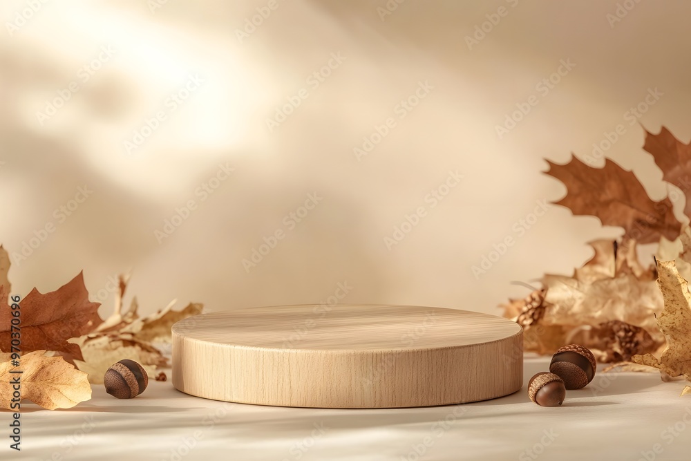 Wooden Podium with Autumn Leaves and Acorns for Product Display Wooden Podium with Autumn Leaves and Acorns for Product Display