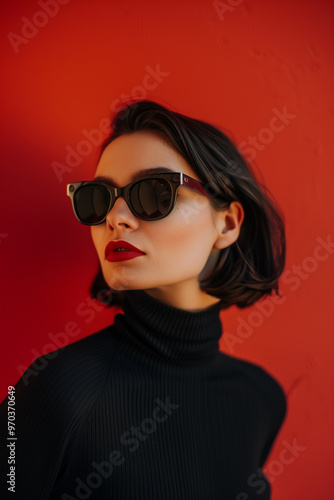  Chic woman in black sunglasses and turtleneck poses elegantly against a bold red background