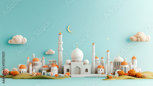 A whimsical, pastel-colored skyline depicting a serene mosque landscape, complete with domes, towers, and gentle clouds. photo